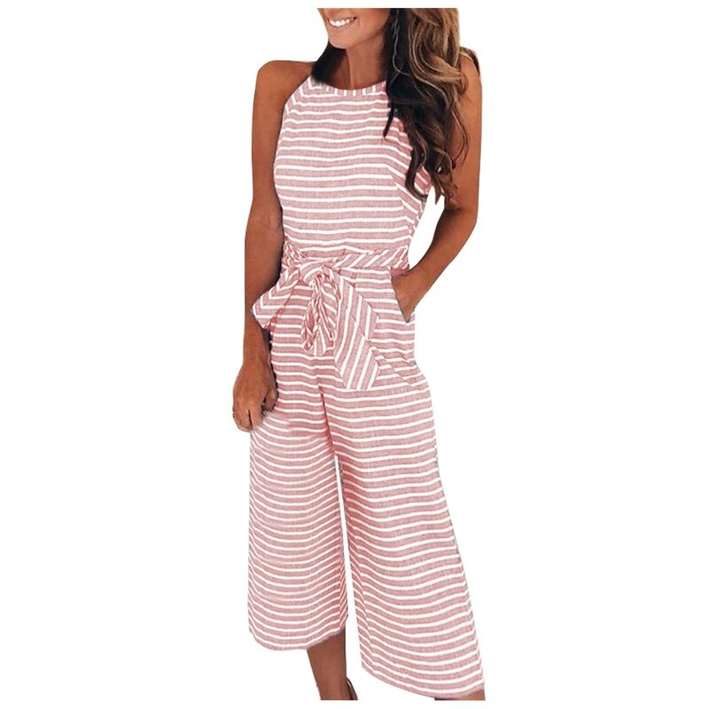 Jumpsuit Lady Outfit Elegant Women Sleeveless Jumpsuits Sexy Halterneck Long Rompers Wide Leg Pants Fashion Stripped Bodysuit