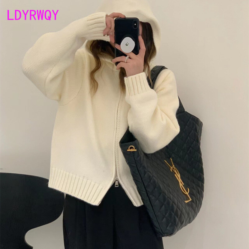 2023 Autumn/Winter New Hooded Double Zipper Sweater Coat for Women Loose and Thickened Knitted Cardigan for Women