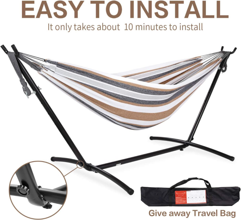 PNAEUT Double Hammock with Space Saving Steel Stand Included 2 Person Heavy Duty Outside Garden