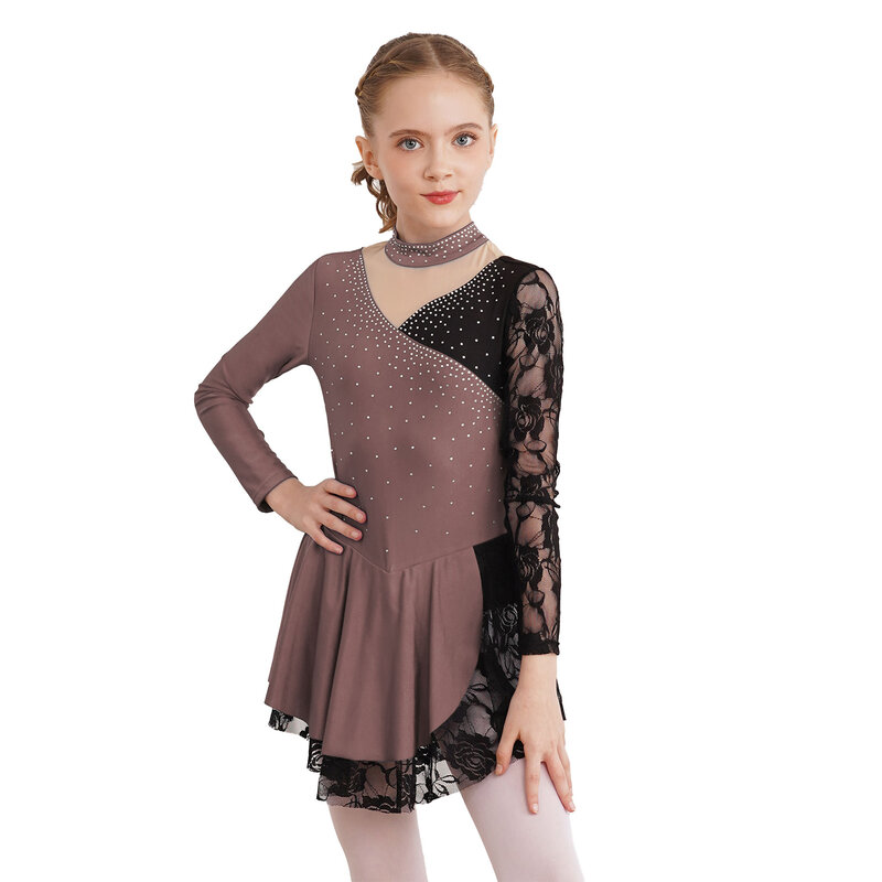 Dziewczęca sukienka taniec baletowy gimnastyka figurowa łyżwiarstwo figurowe kostium dla dzieci Dancewear z długim rękawem błyszczące cyrkonie koronkowe patchworkowa sukienka