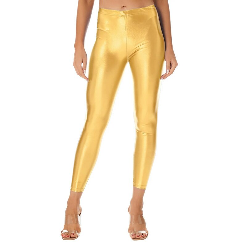 Womens Metallic Faux Leather Leggings Pants Shiny Mid Waist Elastic Waistband Skinny Pants for Nightclub Pole Dance Performance