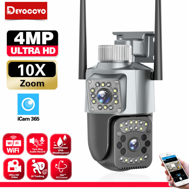 2K HD 방수 PTZ IP 카메라, 듀얼 렌즈, 듀얼 스크린, 자동 추적 CCTV 보안 감시 카메라, 와이파이, 야외, 10X 줌, 4MP