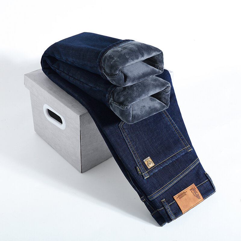 Pantalones vaqueros informales gruesos para hombre, Jeans elásticos ajustados de lana, color negro y azul, para trabajo de negocios, Invierno