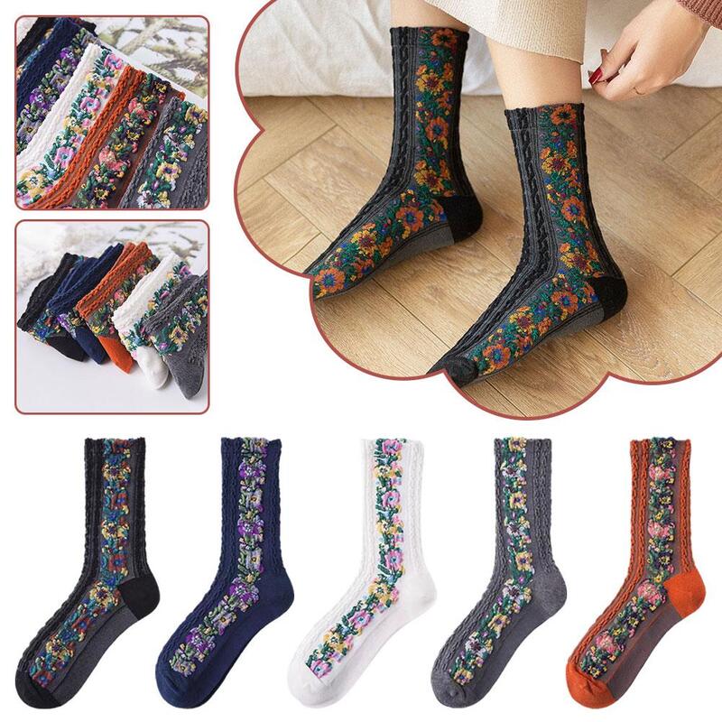 Meias médias confortáveis para mulheres, meias com tubo de algodão, estilo étnico retrô, padrões florais, presentes quentes, nova moda, outono e inverno, O9Y1