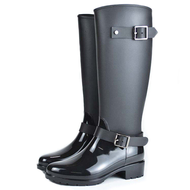 ฤดูใบไม้ผลิฤดูหนาวรองเท้าบูทยี่ห้อ Design กลางลูกวัวรองเท้าบูทซิปรองเท้าบูทหน้าฝน Preppy รองเท้าผู้หญิงหัวเข็มขัดยาง Rainboots 786