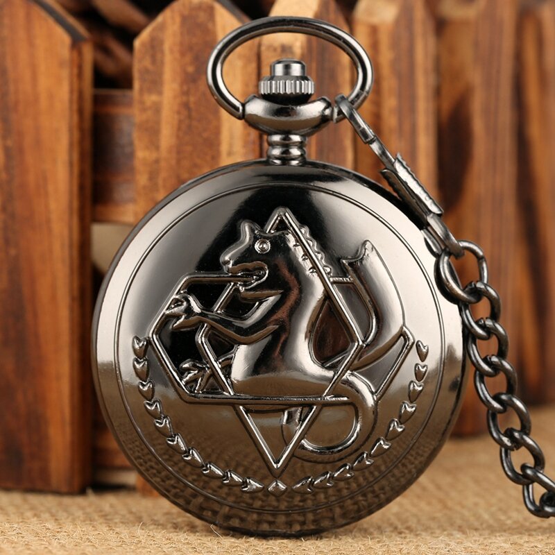 Vintage czarny Fullmetal Alchemist kieszonkowy zegarek kwarcowy Steampunk popularny Edward Elric naszyjnik łańcuch fani Cosplay Anime zegary