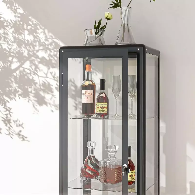 Glass Display Cabinet with Adjustable 3-Shelf Shelves, Lock and Door, Dust-Proof, LED Light, Curio Cabinets Display Case fo