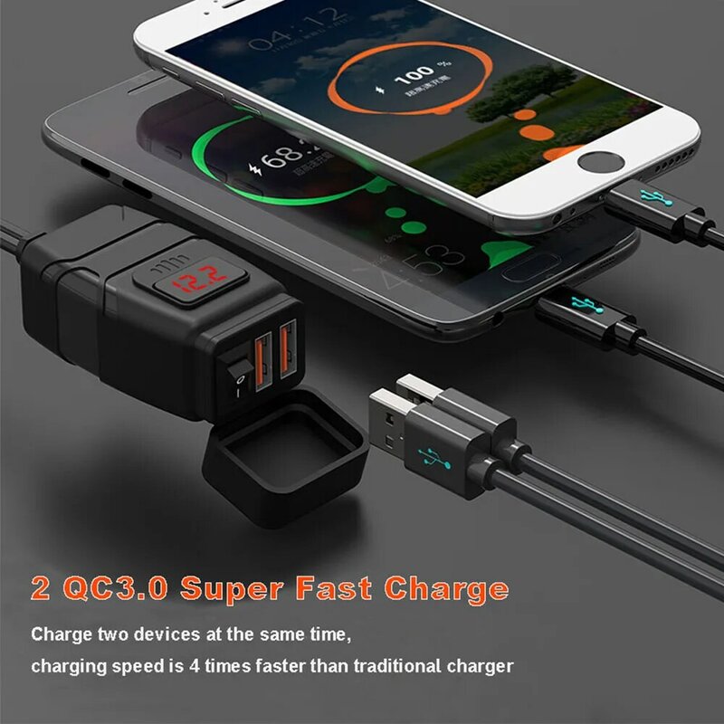 Motorcycle USB Charger QC3.0 PD Fast Charging USB Quick Adapter 12V Socket Adapter With Voltmeter Motorcycle Accessories