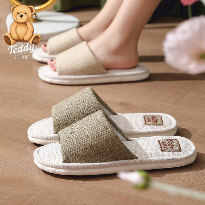Sandal wanita musim panas dalam ruangan, sandal rumah tangga Linen PVC sol tebal, sandal pasangan, kamar tidur, sandal anti selip