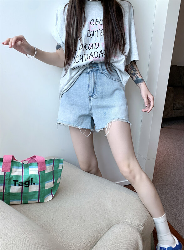 Slergiri New High Waist Raw Hem Denim Shorts Female 2024 New Summer Korean Style Fashion Casual Loose Jean Shorts For Women