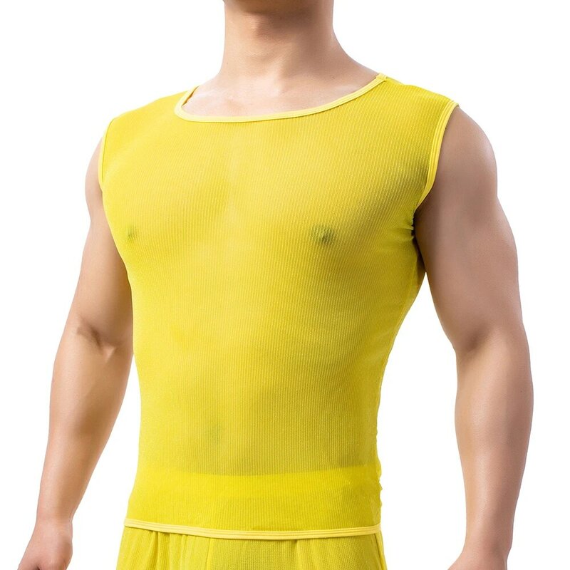 Sexy Mesh Undershirts Men Underwear Shirts Sleeveless Tank Tops Silk Sissy Breathable Vest Nightwear Wrestling Singlet  T-shrits