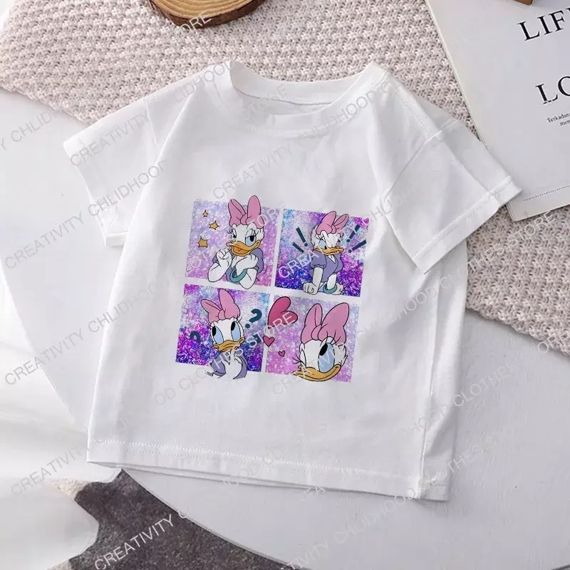 Camiseta de Disney para niños y niñas, ropa Kawaii de manga corta con dibujos animados de margaritas, Minnie y Mickey, Tops informales de verano