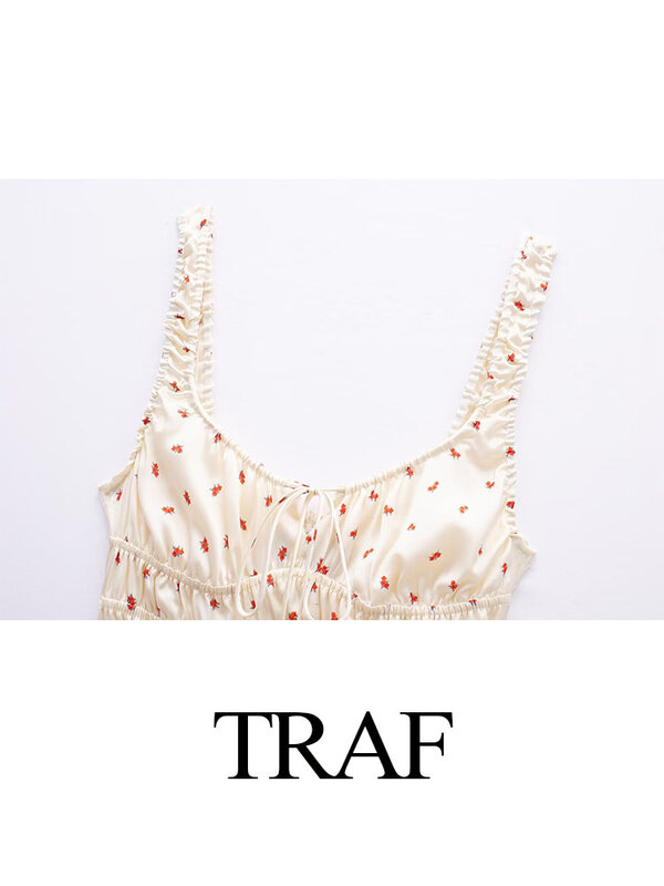 TRAF-Mini Robe Imprimée à Lacets pour Femme, Tenue Décontractée, Col Carré, Dos aux, Slim, Nouvelle Mode, Été