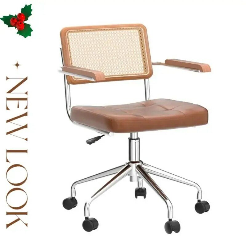 Стол из ротанга 2024, современный поворотный офисный стул среднего века на колесиках с металлическими ножками из искусственной кожи,
