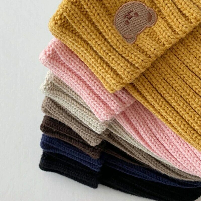 Cartoon Bear Embroidery Baby Beanie Cap Knitted Ribbed Thicken Autumn Winter Warm Baby Hat for 1-6 Years Toddler Kids Bonnet