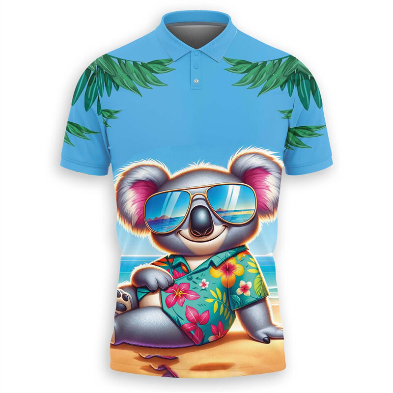 قمصان بولو رجالية مطبوعة ثلاثية الأبعاد ، دب كوالا لطيف ، ملابس هاواي ، أكمام قصيرة ، قميص بولو حيوان مضحك ، قمم الحيوانات الأليفة في أستراليا ، الموضة