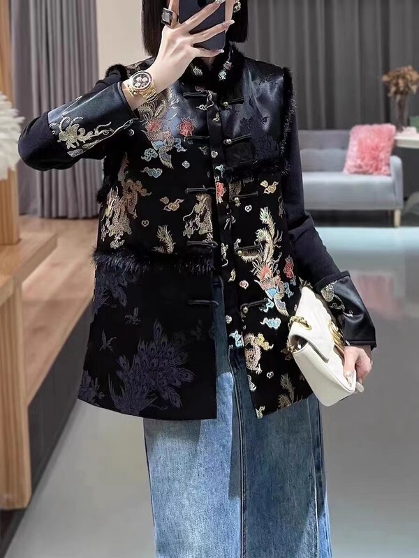 Colete de algodão bordado de botão feminino, casaco novo estilo chinês, gola top