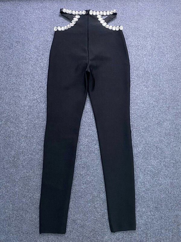 Сексуальные брюки-карандаш с перекрещивающимися стразами, женские черные Лоскутные облегающие длинные брюки со стразами
