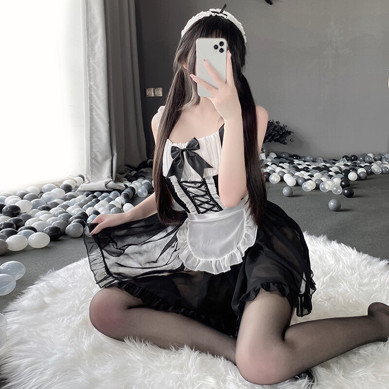 Damska Anime przebranie na karnawał pokojówka sukienka, mundurek komplet garniturów seksowna bielizna powrót mniej pokojówka dziewczyna odzież fartuch Kawaii bielizna czarna
