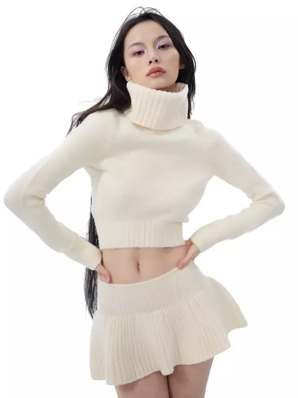 Knitted Sweater Mini Skirt 2 Piece Set Women Flapped High Neck Long Sleeve Top A-Line Short Skirt Set Autumn Streetwear