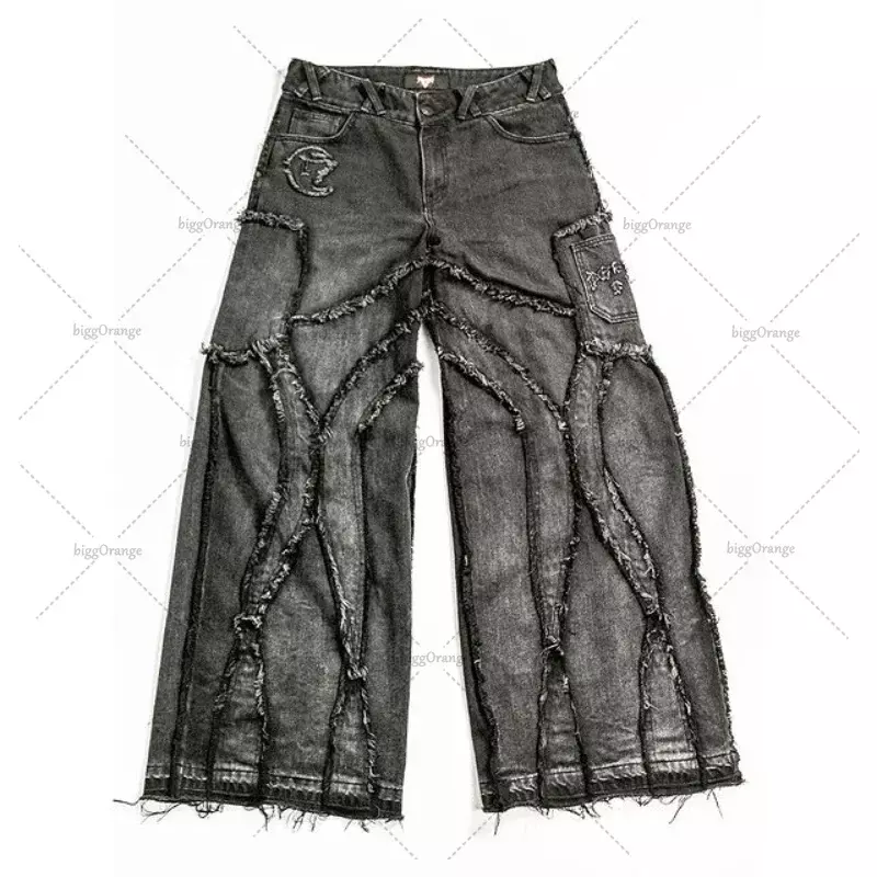 Jednolity kolor Y2K punkowe dżinsy męskie amerykański Retro spodnie z szerokimi nogawkami z wysokim stanem 2023 gotyckie luźne jeansy w stylu Hip Hop Harajuku