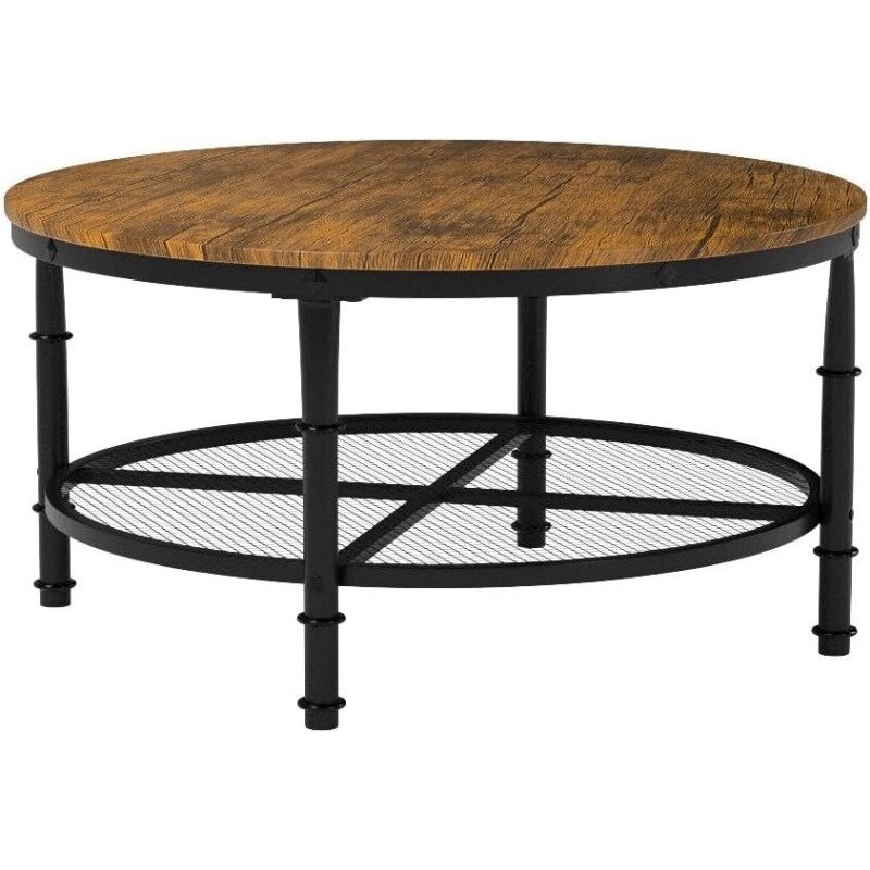 2-Tier 35.5in Round Industrial Coffee Table, Rustic Steel Accent Table for Living Room, w/Wooden Tabletop, Reinforced Crossbars