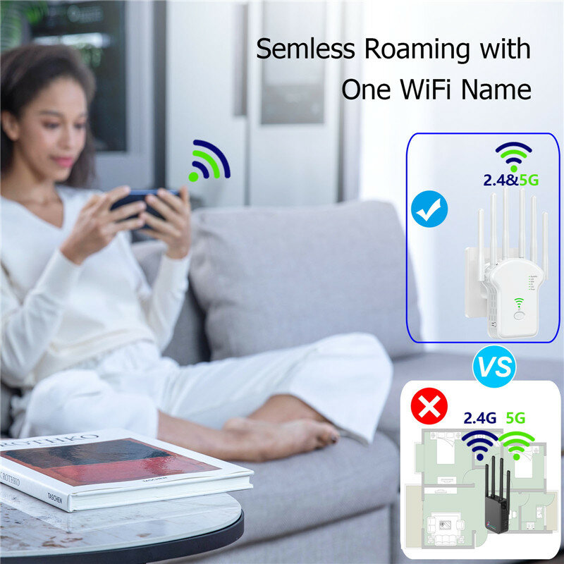 Repetidor Wi-Fi sem fio de banda dupla, 1200Mbps, 2.4G, rede 5GHz, longo alcance, impulsionador de sinal para casa, escritório