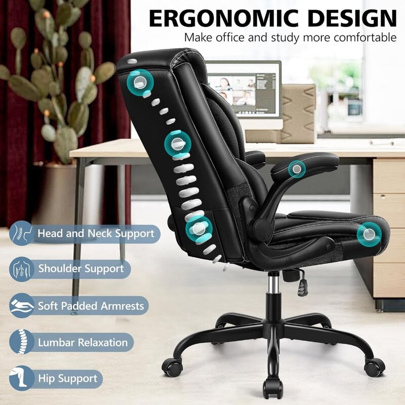 Confortável PU Leather Home Office Cadeira, Cadeira ergonômica grande e alta, Cadeira executiva, Costas altas