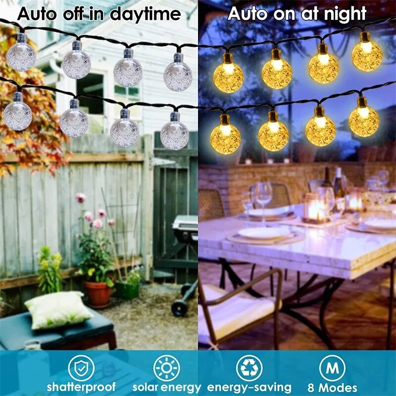 8 Modes Solar Light Crystal Ball 5M/7M/12M/ LED String Lights Fairy Lights Garlands For Christmas Party Outdoor Decoration 021
