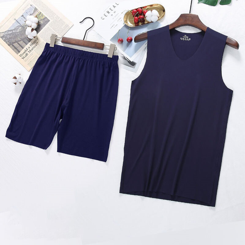 Men Ice Silk Sleeveless V-Neck Vest Tank Top & Five Shorts Set Summer Casual Loose Sleepwear Solid Comfortable Nightwear