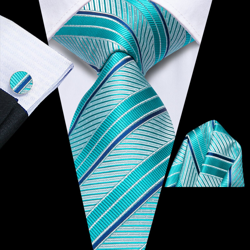 Hi-Tie Designer Listrado Azul Claro Elegante Gravata para Homens, Marca de Moda, Gravata De Festa De Casamento, Abotoaduras Handky, Negócio Por Atacado