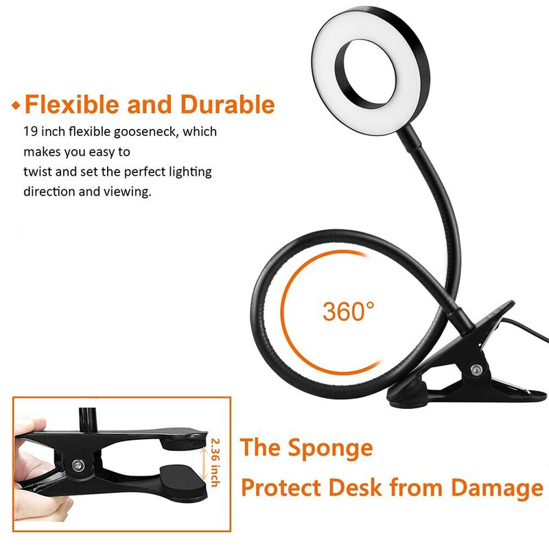 48 LEDs Desk Lamp Clip USB Book Light Bedside 360° Flexible Eye Protection Gooseneck Reading Light Brightness Adjustable 3 Leve