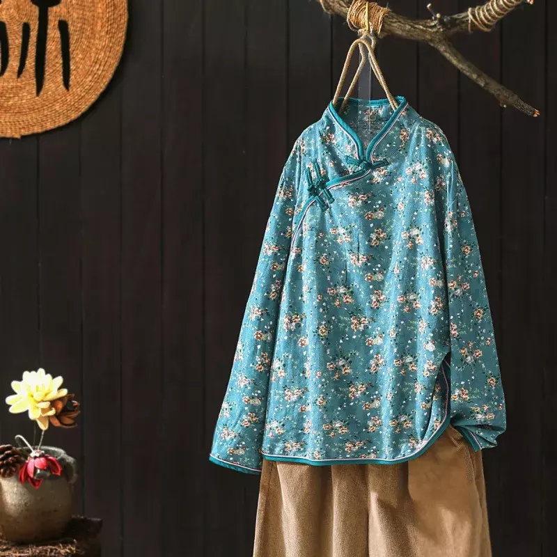 Camicia autunnale colletto rialzato abbottonato cotone lino floreale camicetta a maniche lunghe Retro stile cinese femminile Tang Suit Top