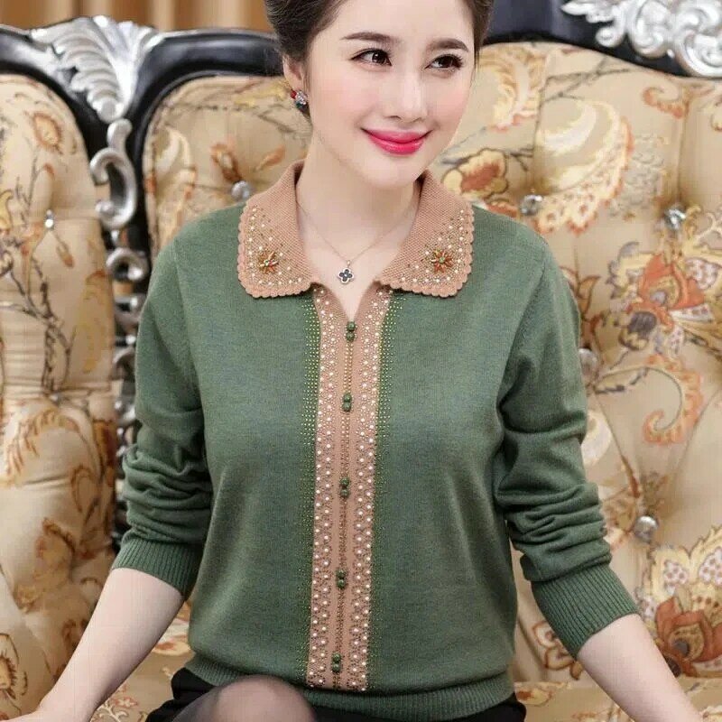 Women Sweater And Pullover  Autumn Winter New Middle-aged Female Diamond Embroidered Knitting Coat Femme Loose Tops 4XL