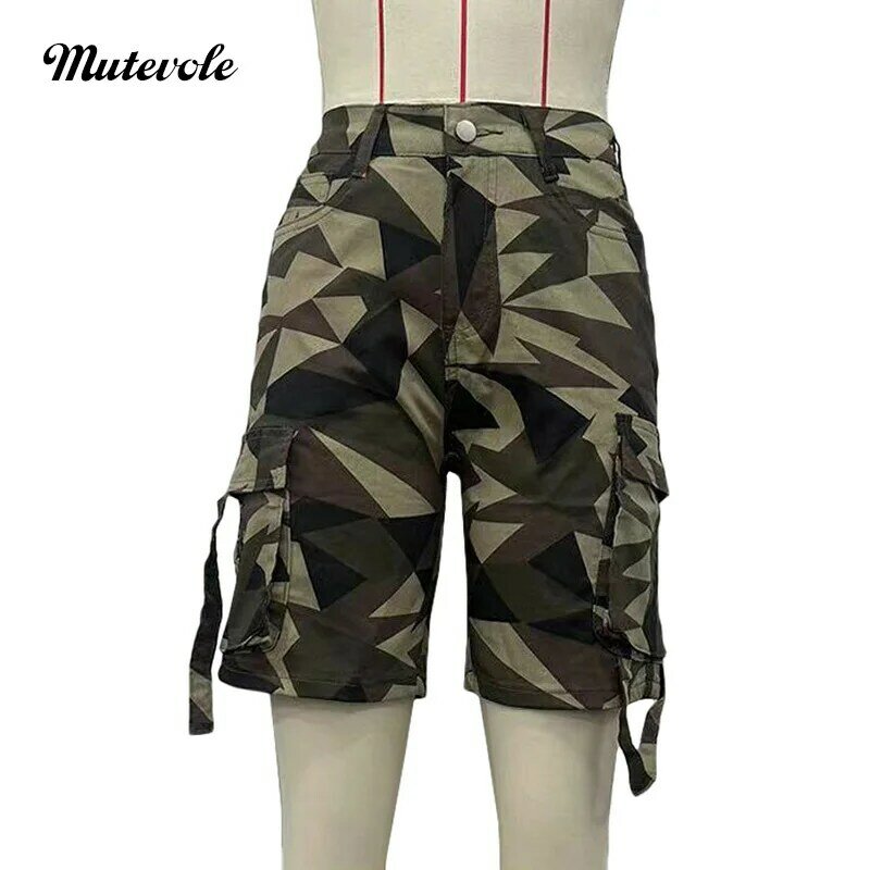 Mutevole Women Multiple Pockets Camouflage Cargo Shorts Summer Bodycon Bandage Patchwork 3XL Shorts