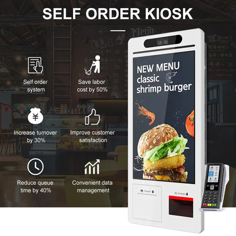 Киоск для самостоятельного заказа 32 дюйма, киоск для самостоятельного обслуживания для ресторанов, кафе, настенное или автономное положение, Android или windows OSD