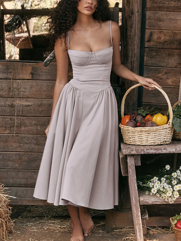 Элегантные длинные платья HOUZHOU для женщин, летняя коллекция 2024, винтажное сексуальное платье-корсет на бретелях-спагетти, сарафан, вечернее женское платье