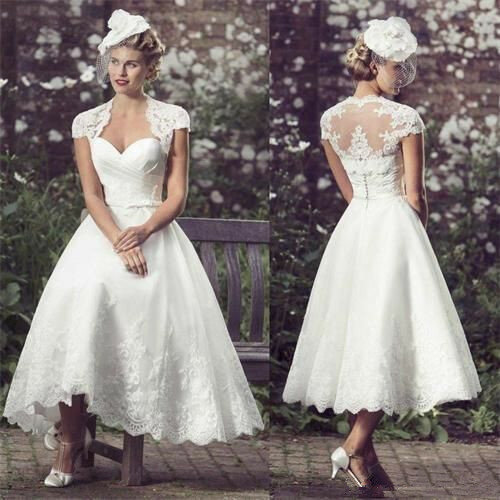 Beach  Short Wedding Dresses 2022 Tea Length Bride Dress Cap Sleeves Sweetheart Lace Robe De Mariée Vestido De Novia A-For Women