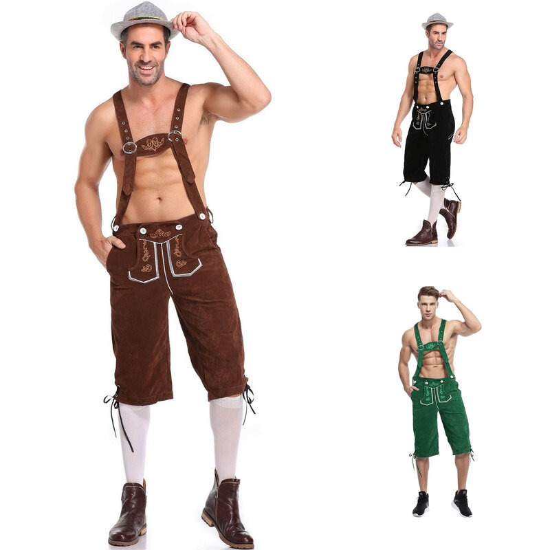 Ethnic Oktoberfest Costumes Adult Men Traditional Bavarian Beer Shorts Outfit Overalls Shirt Hat Suspenders Set Halloween Cloth