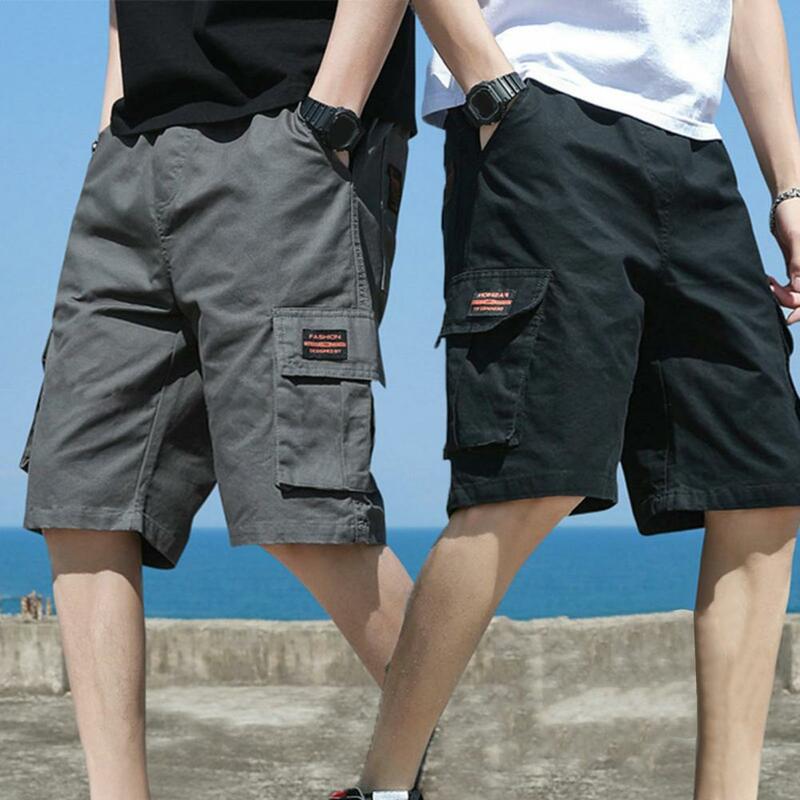 Calções de carga respiráveis masculinos, cintura elástica, multi bolsos, streetwear esportivo de verão
