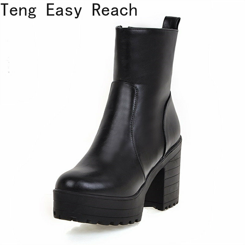 2023 Women Ankle Boots Square High Heel Lace Up Round Head Women Platform Black White Ladies Motorcycle Boots Size 34-43