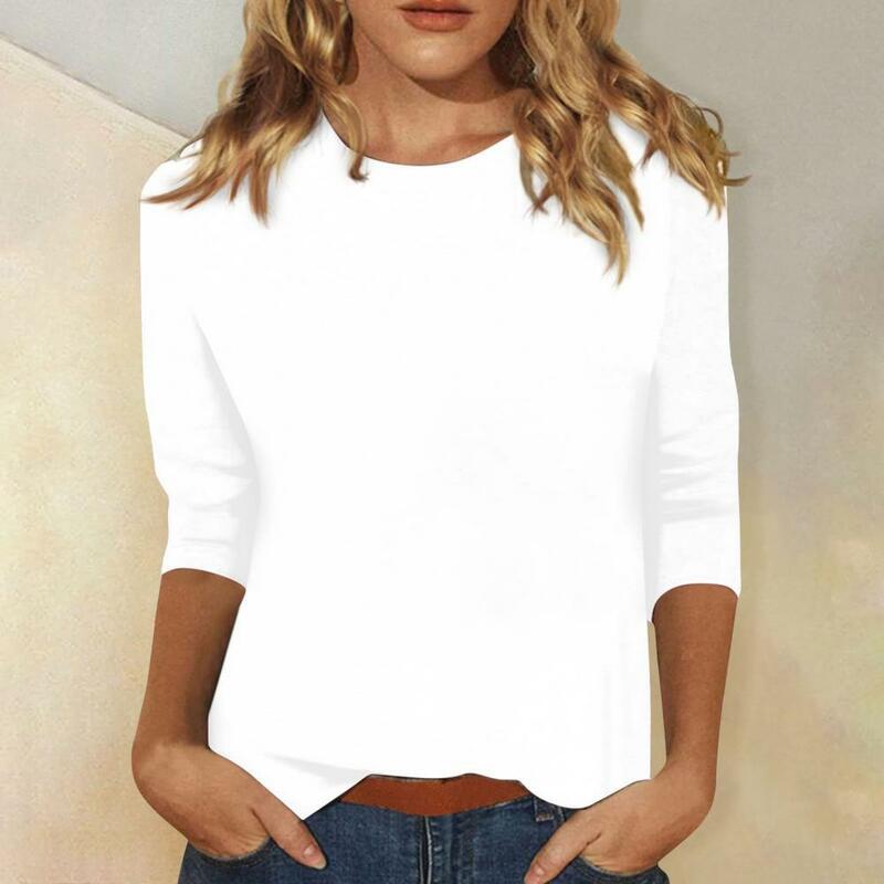 Универсальный женский топ, стильная женская Повседневная футболка из коллекции, пуловер с круглым вырезом и рукавом 3/4, топы, однотонный облегающий топ для повседневного ношения