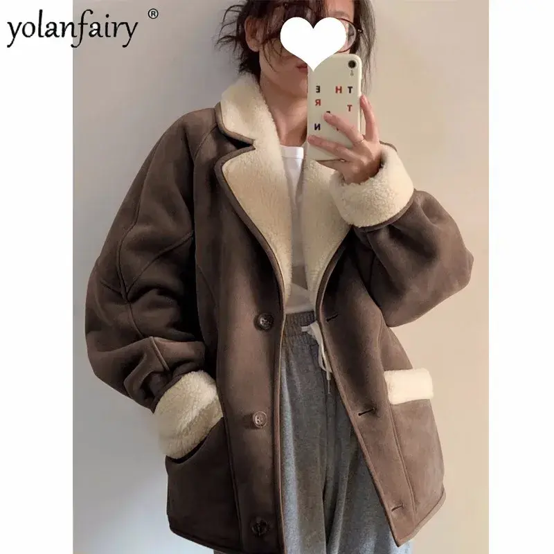 Casaco de lã pura feminino, pele composta, roupa integrada, casacos de camurça, casaco de inverno, FCY4997, novo