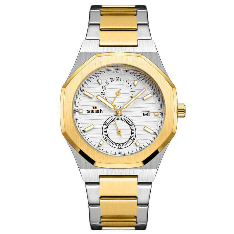 Męski zegarek sześciokątny Patchwork złoty kolor zegarki zegarek biznesowy metalowy zegarek kwarcowy