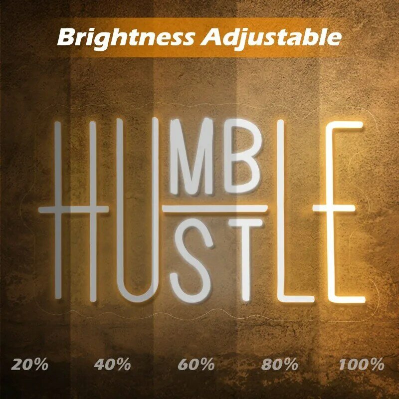 Hustle LED Neon Sign for Wall Decor, Humble Party Decorations, USB Powered Switch Adjustable for Office Room(Yellow&White)