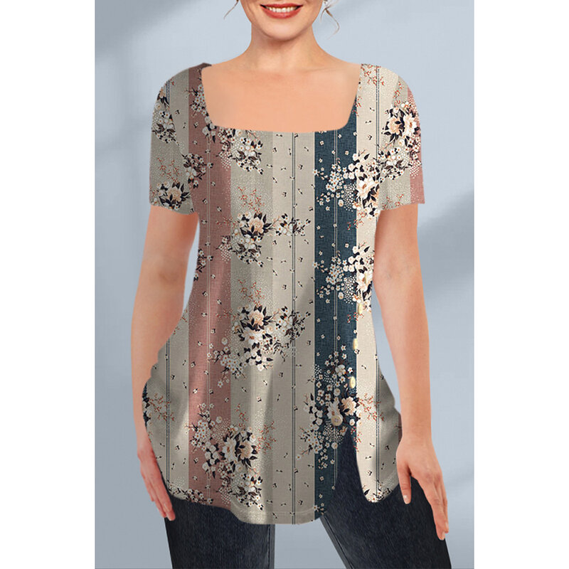 Свободные повседневные блузки размера плюс с цветочным принтом, коротким рукавом, квадратным вырезом и декоративными пуговицами