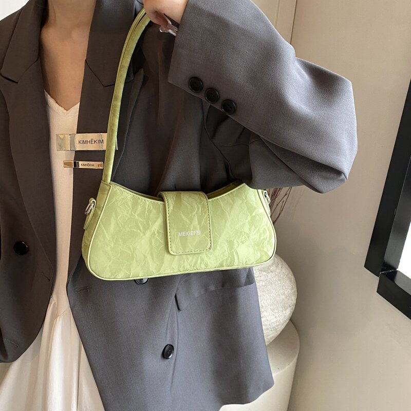 Bolsa de couro PU para mulheres, verde, baguet, axilas, bolsa Shopper, bolsa de qualidade vintage, feminina, crossbody, viagem