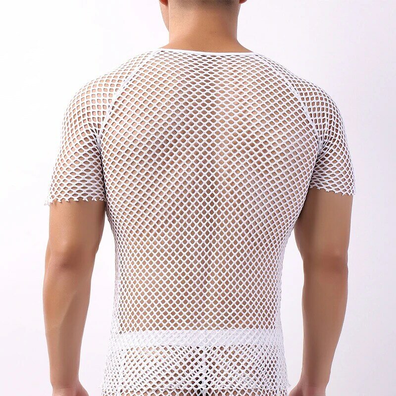 Camiseta masculina transparente manga curta, camiseta casual esportiva de malha respirável