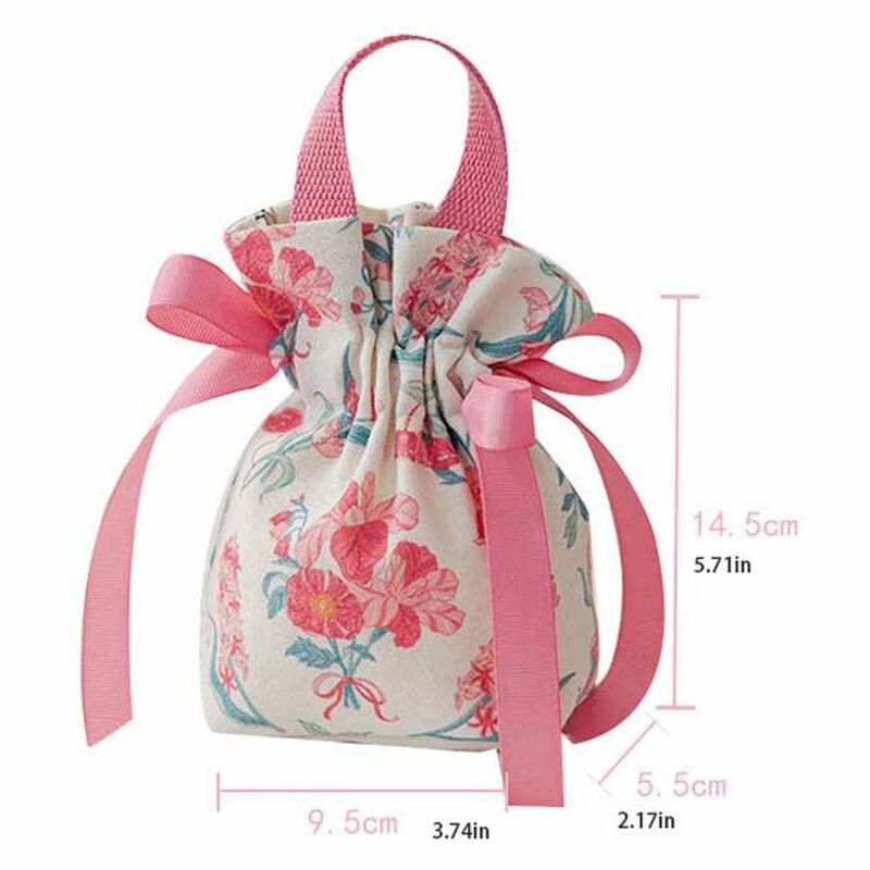 大容量フローラルキャンバスドローストリングバッグ、小さな花の手首のバッグ、ジュエリーパッキング、蝶ネクタイのハンドバッグ、韓国スタイル