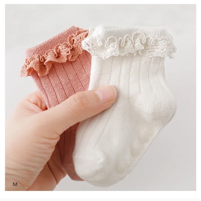 0-6 maanden baby katoenen sokken prinses meisje ruches kant enkelsokken sterke grips Y55B